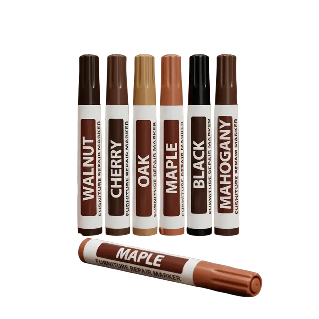 Set of six furniture restoration wood touch up markers bulk pack in walnut cherry oak maple black and mahogany finishes