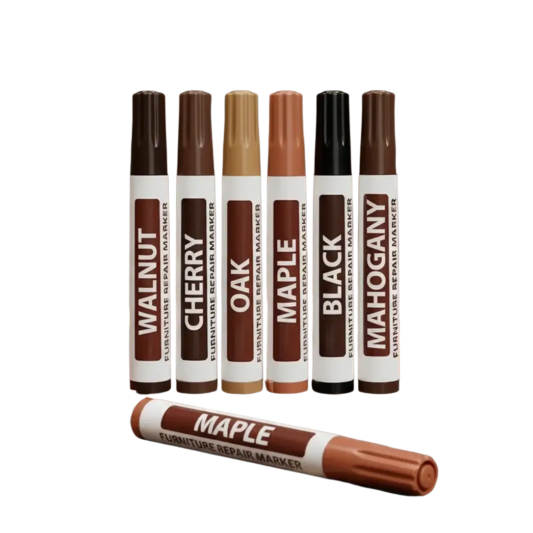 Set of six furniture restoration wood touch up markers bulk pack in walnut cherry oak maple black and mahogany finishes