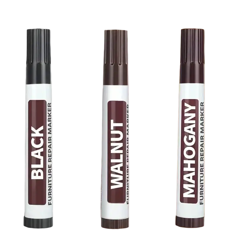 Three furniture restoration wood touch up markers in black walnut and mahogany colors with textured caps bulk pack