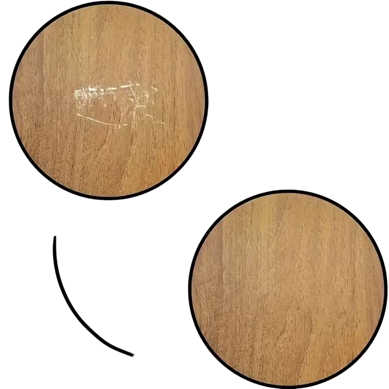 Wooden surface with light brown finish showing scratch before and smooth after treatment using furniture restoration bulk pack markers