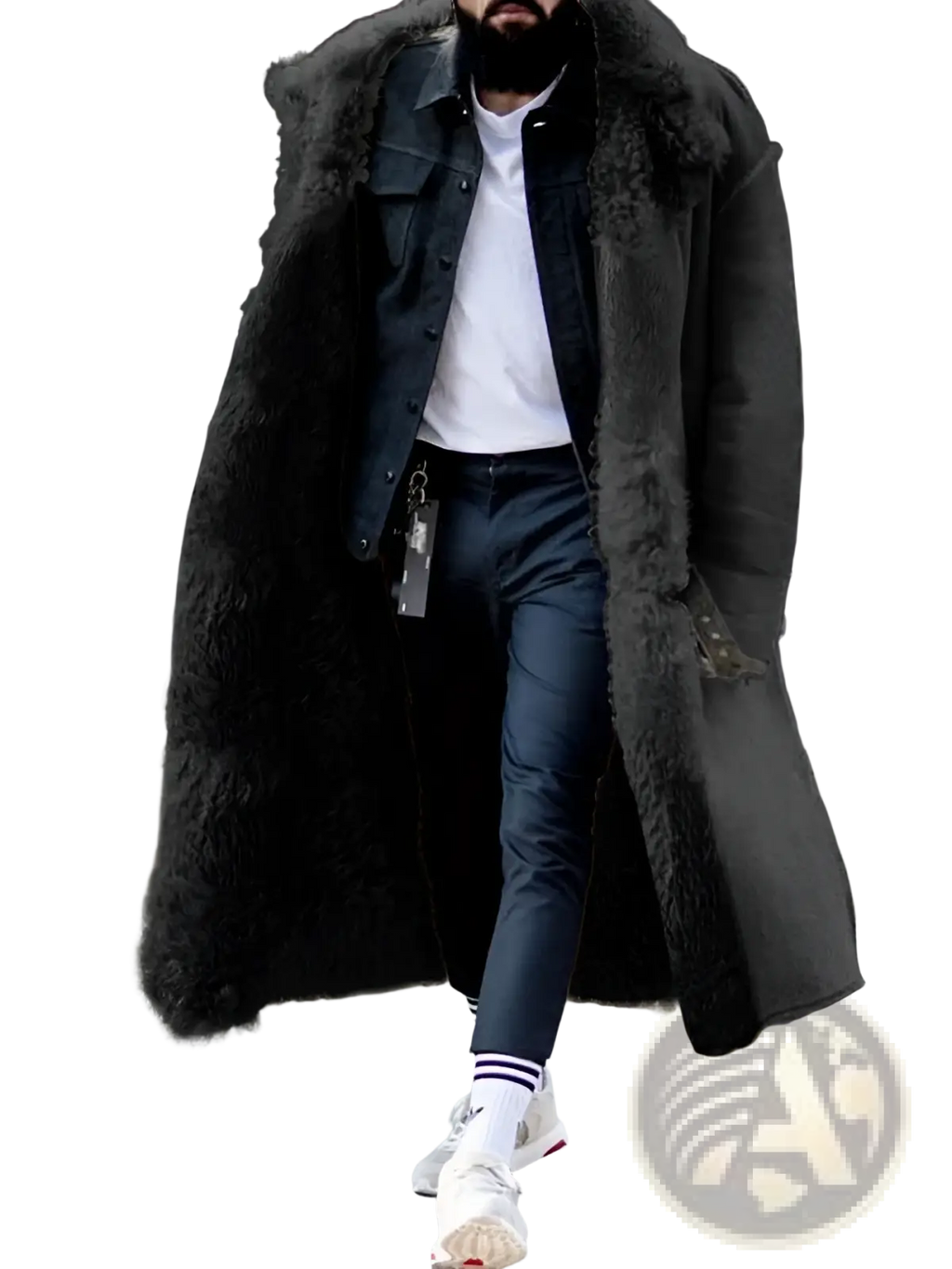 Furry long shearling winter coat in dark gray with plush textured fur lining and front pockets for cold weather