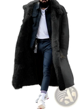 Furry long shearling winter coat in dark gray with plush textured fur lining and front pockets for cold weather