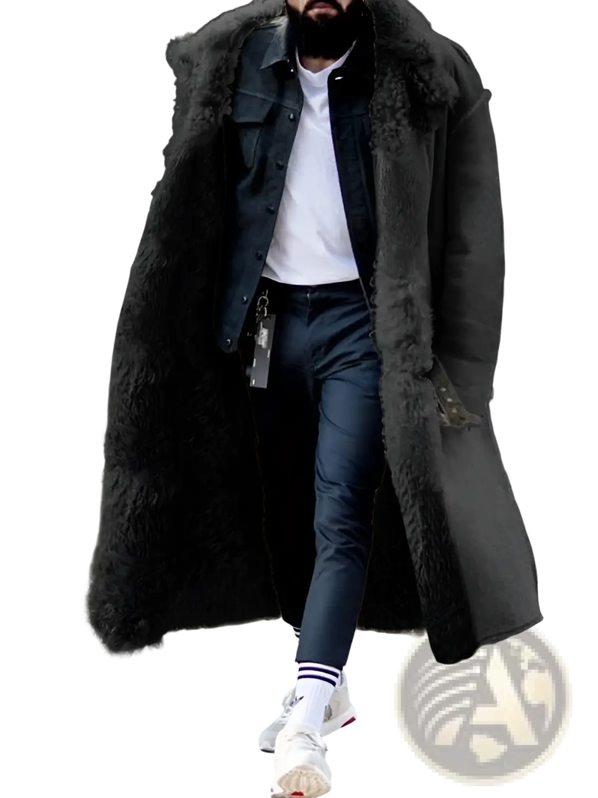 Furry long shearling winter coat in dark gray with plush textured fur lining and front pockets for cold weather
