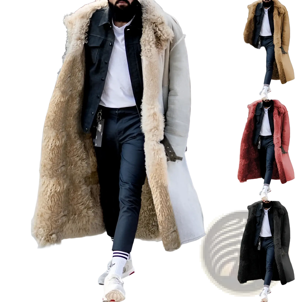 Beige furry long shearling winter coat with plush textured fur collar and cuffs for cold weather wear