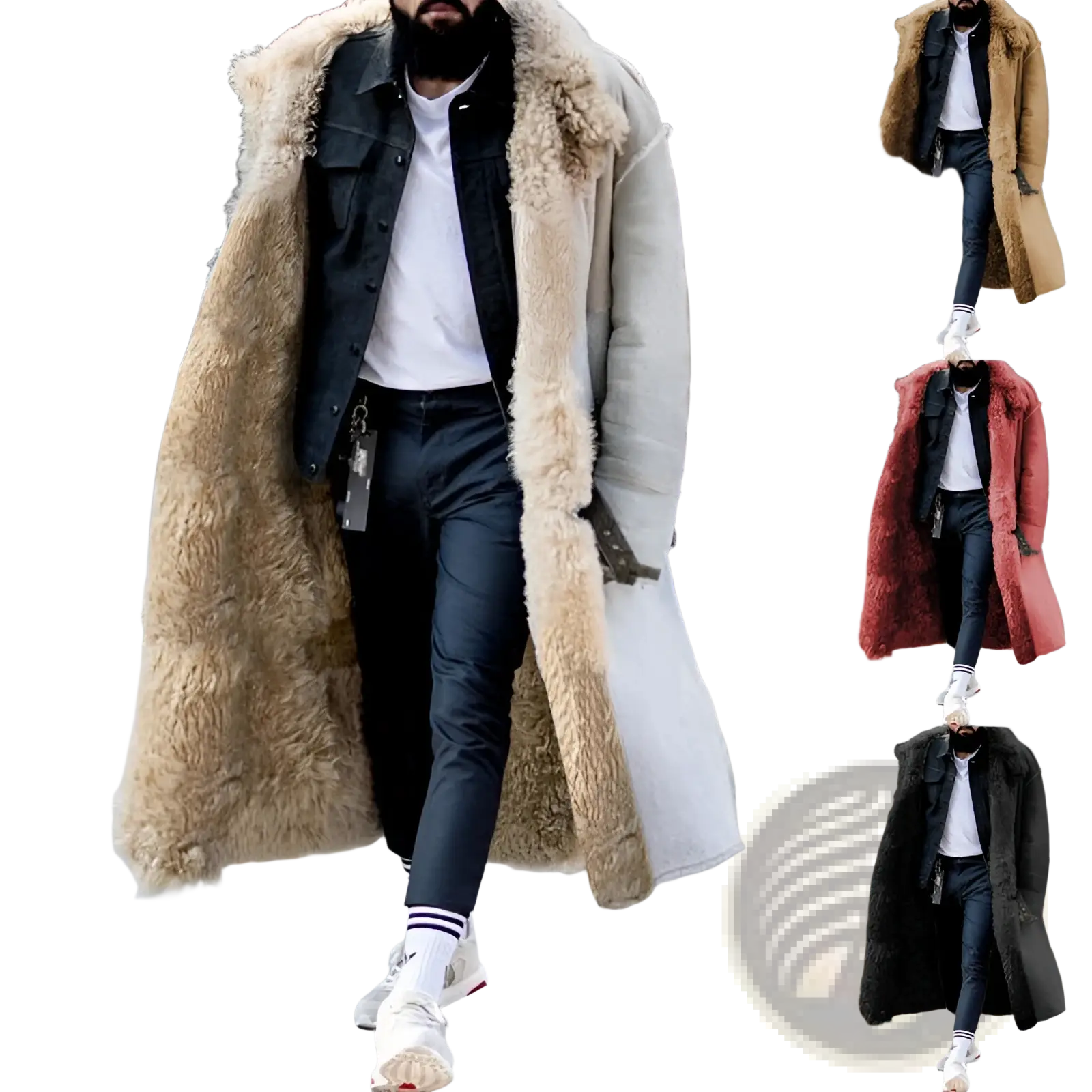 Beige furry long shearling winter coat with plush textured fur collar and cuffs for cold weather wear