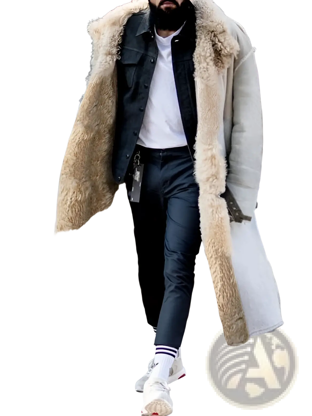 Furry long shearling winter coat in cream with plush light brown fur lining and collar made of sheepskin material