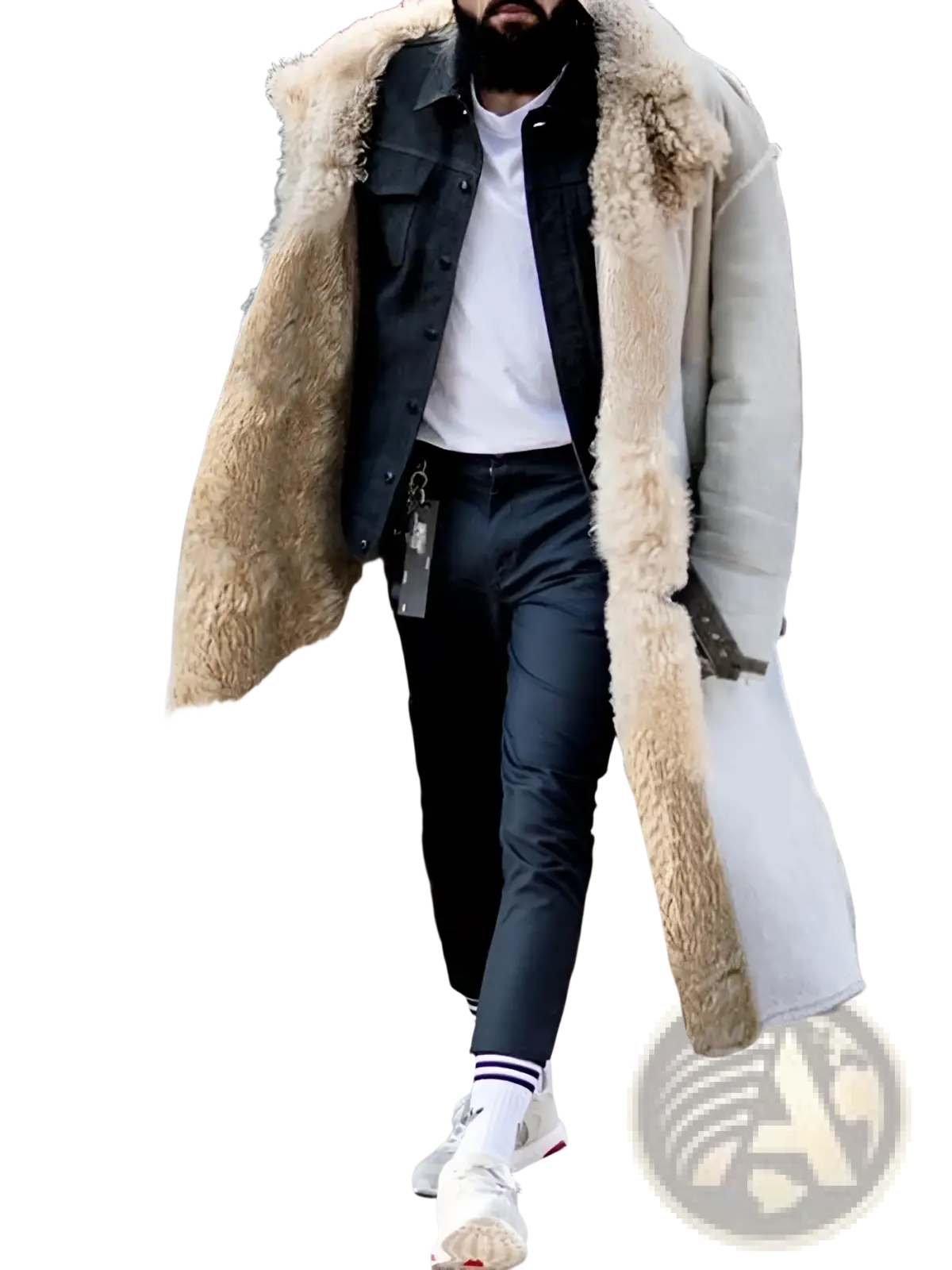Furry long shearling winter coat in cream with plush light brown fur lining and collar made of sheepskin material