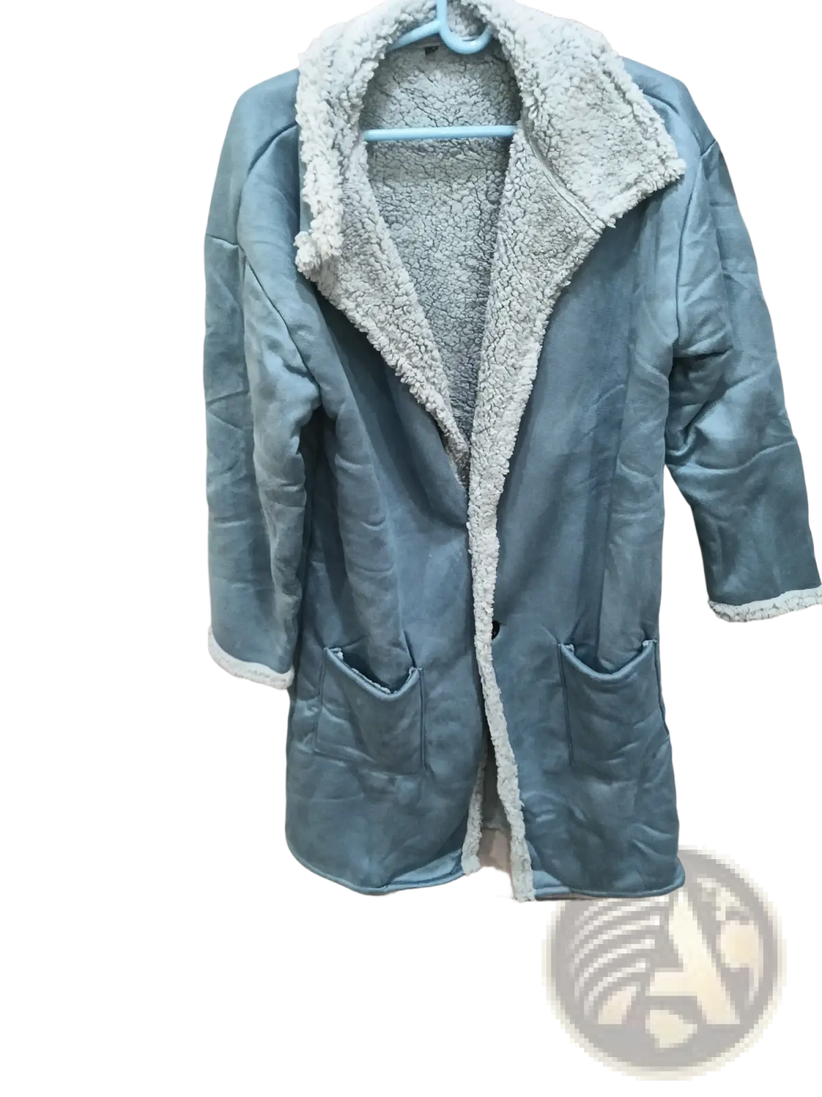 Light blue faux leather furry long shearling winter coat with plush white sherpa lining and trim