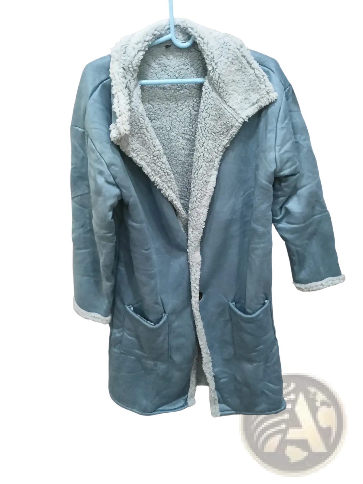 Light blue quilted furry long shearling winter coat with plush light gray sherpa-lined collar and cuffs