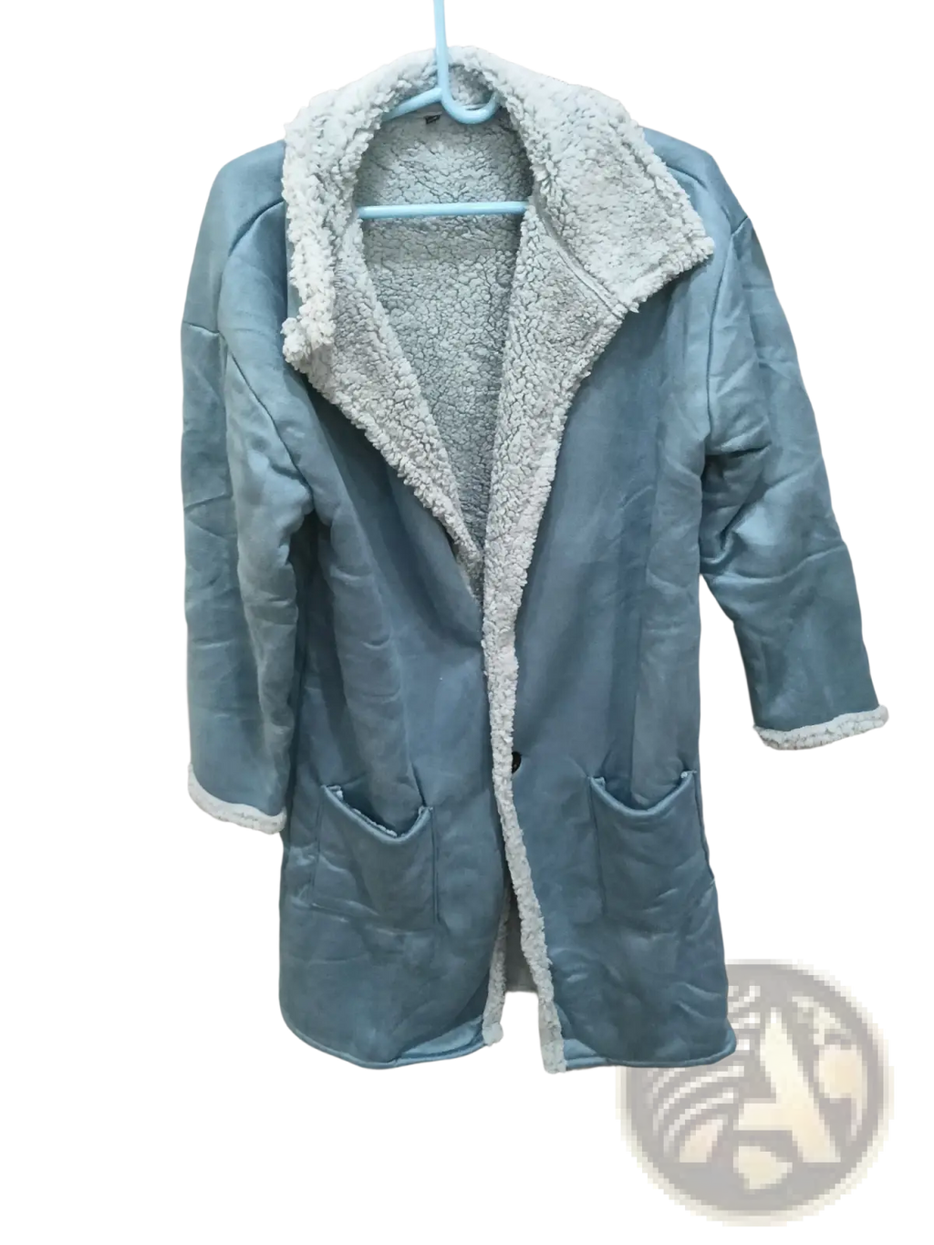 Light blue quilted furry long shearling winter coat with plush light gray sherpa-lined collar and cuffs