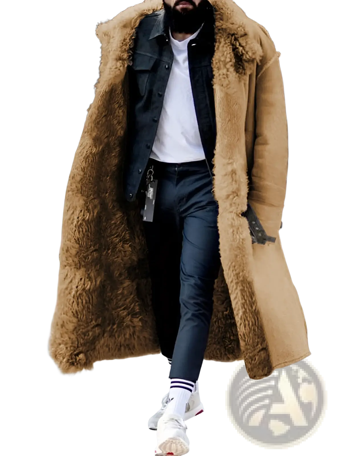 A plush tan furry long shearling winter coat with thick fluffy interior lining and structured outer shell