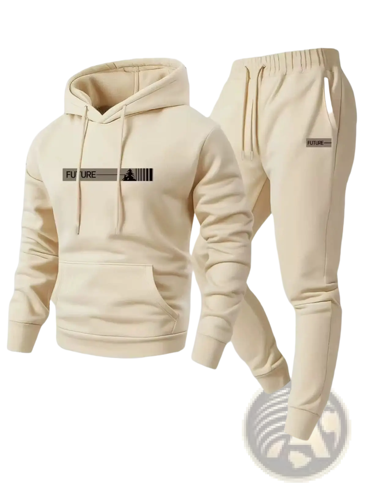 Cream-colored future graphic fleece hoodie and jogger lounge set in soft cotton fabric with black graphic detailing