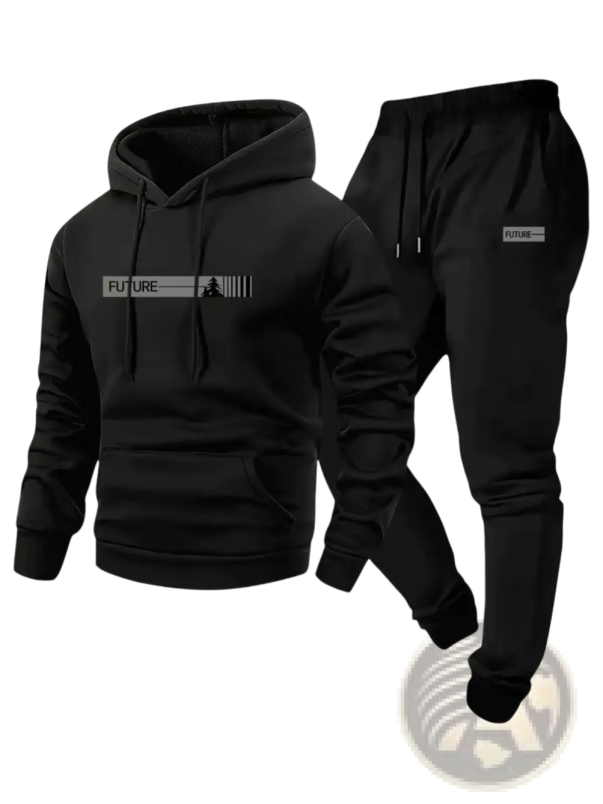 Black future graphic fleece hoodie and jogger lounge set with minimalist design for comfortable casual wear