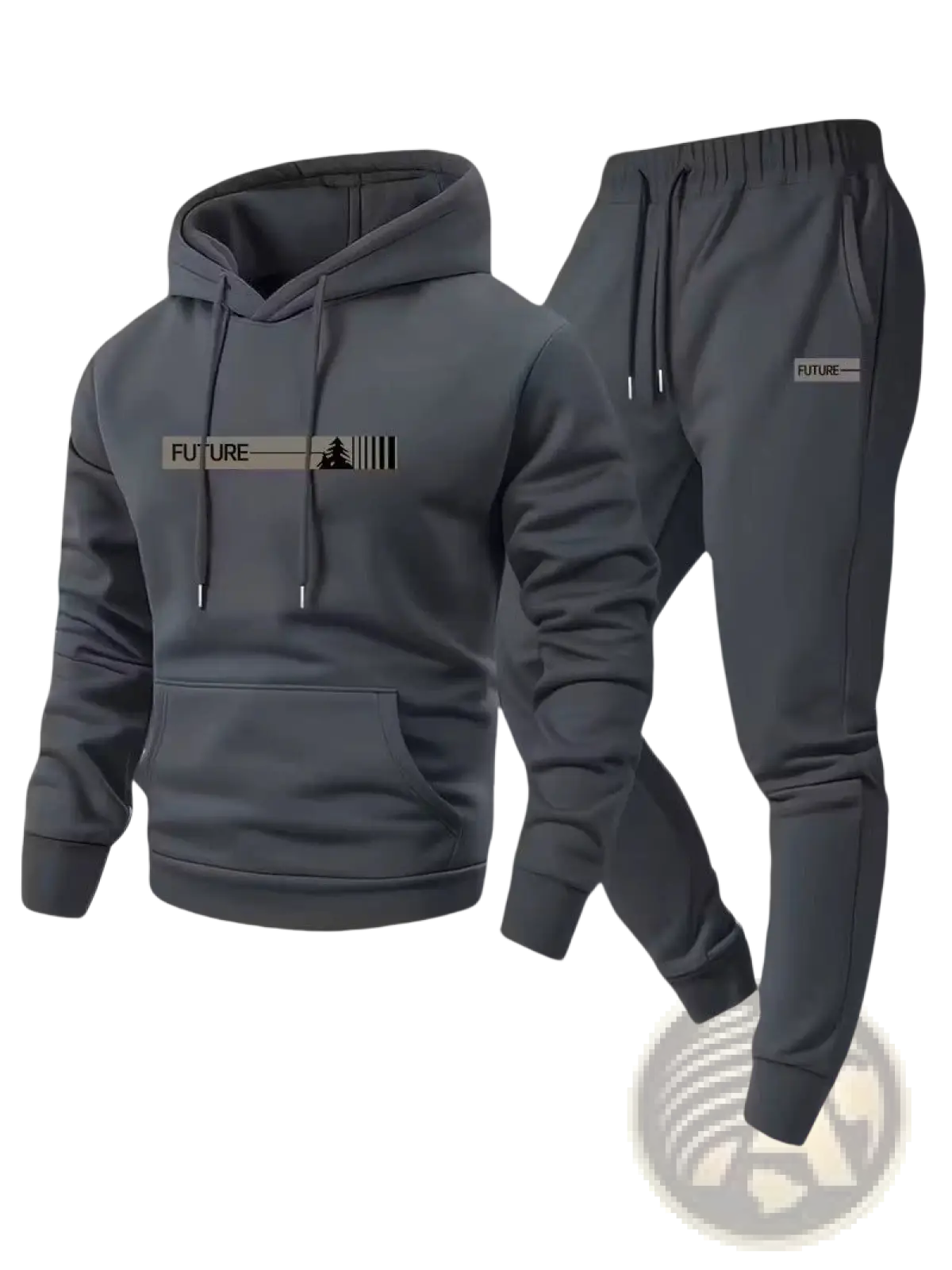 Dark gray future graphic fleece hoodie and jogger lounge set with front pouch pocket and minimalist design
