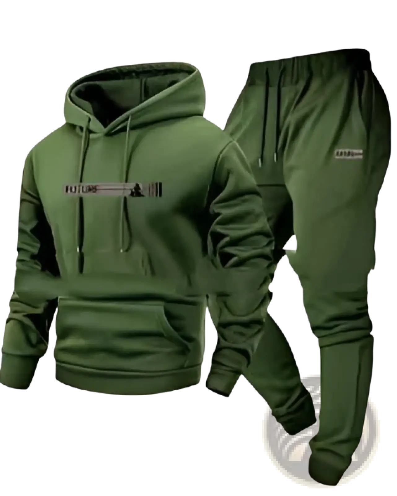 Olive green fleece hoodie and jogger lounge set featuring a subtle future graphic on the chest for casual wear