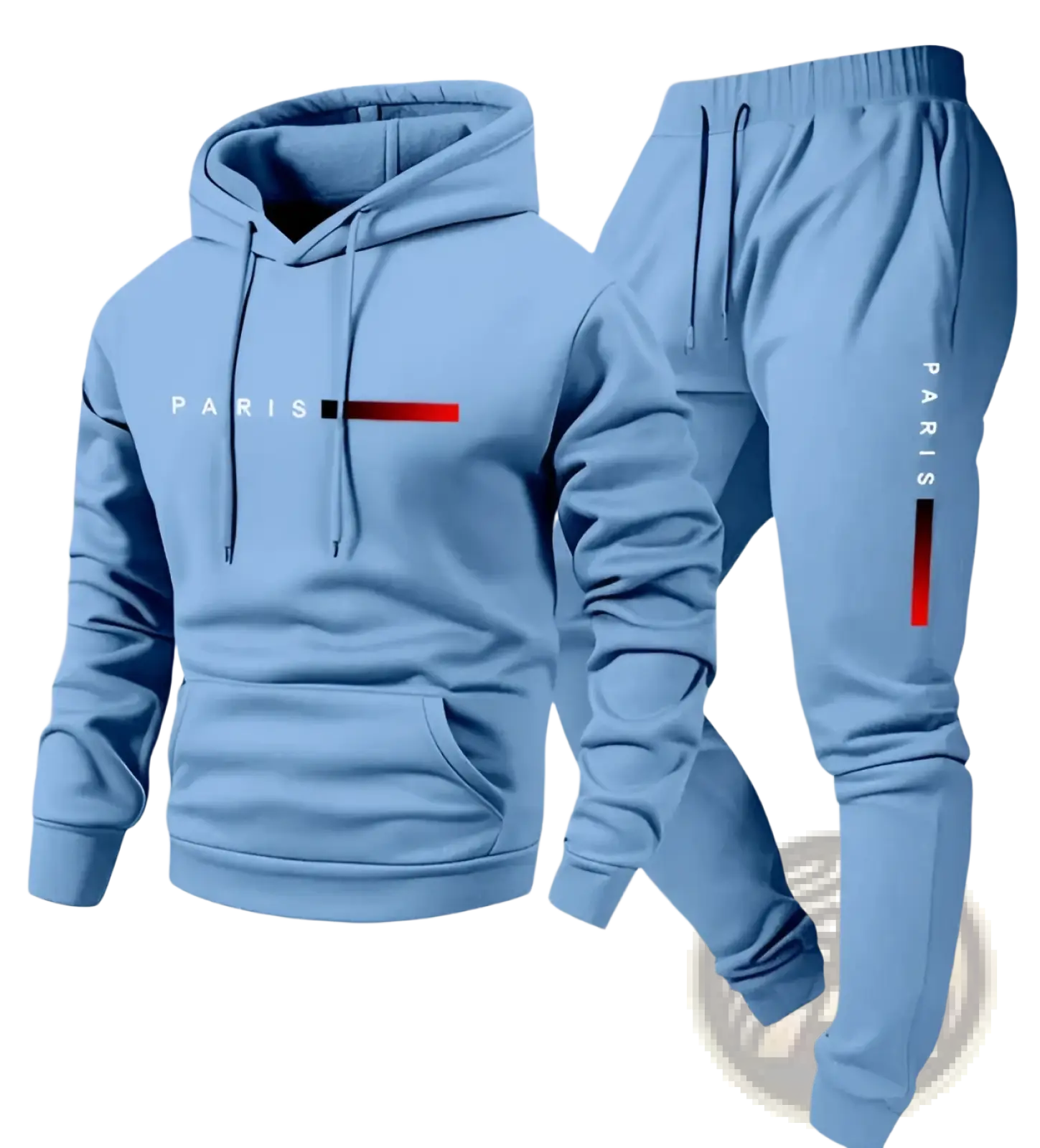 Light blue future graphic fleece hoodie and jogger lounge set with red accent stripes in paris-themed design