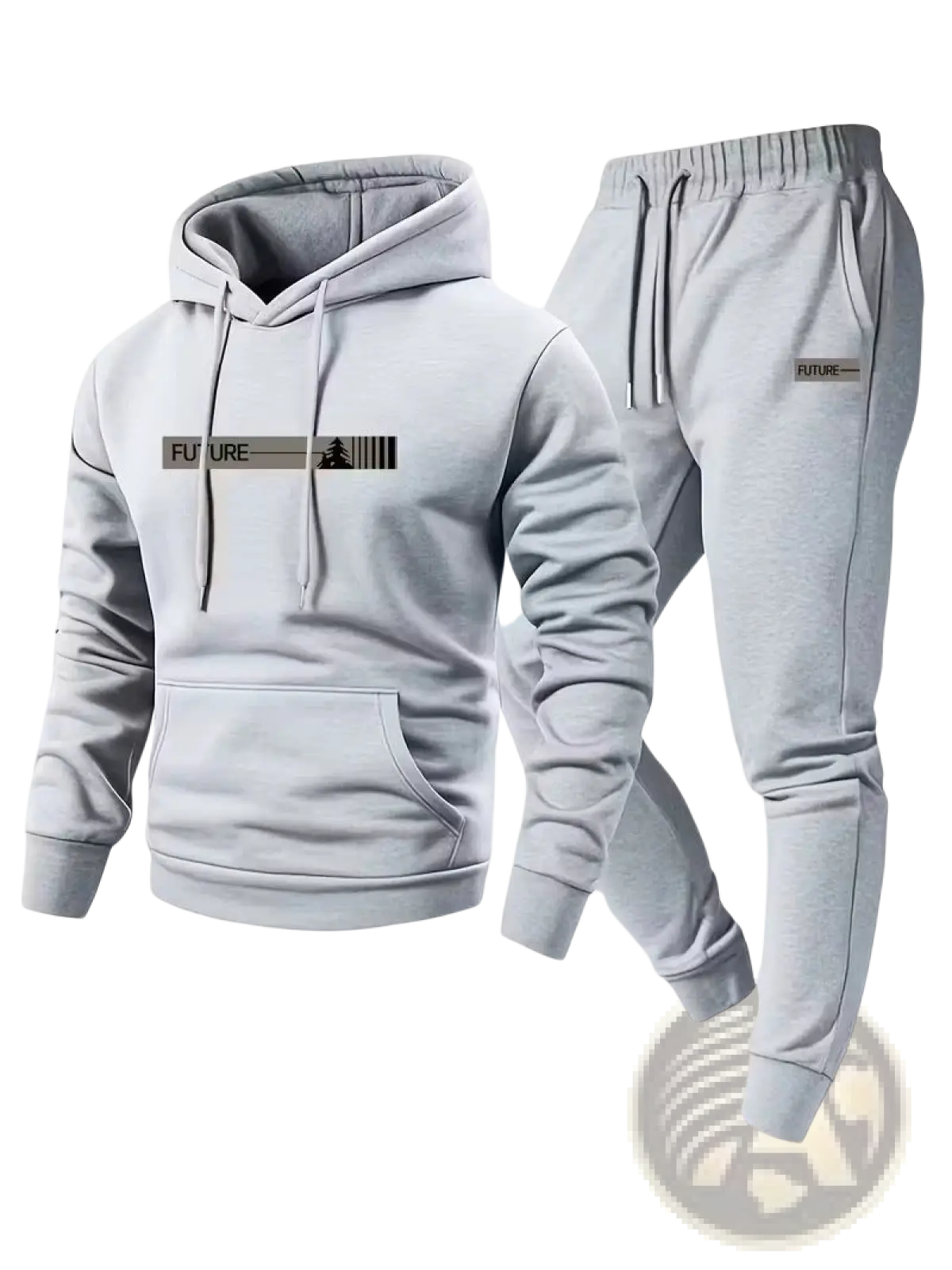 Light gray fleece future graphic hoodie and jogger lounge set featuring black chest print for casual wear
