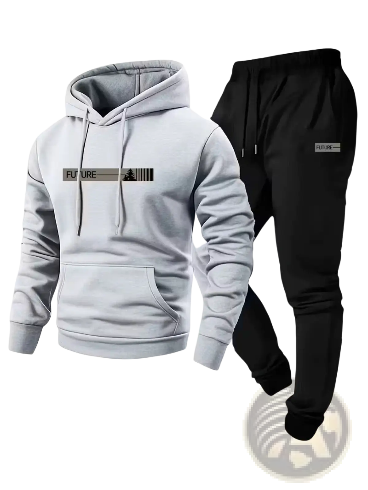 Light gray fleece future graphic hoodie with black drawstrings paired with black joggers featuring future patch