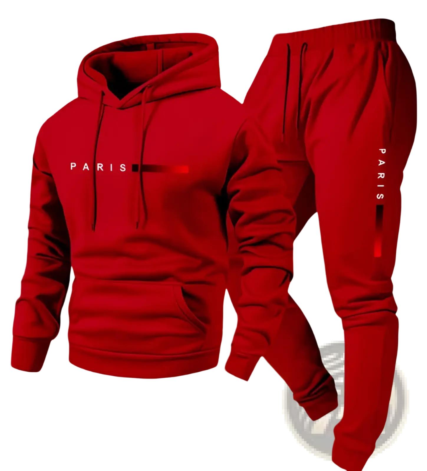 Red Future Graphic fleece hoodie and jogger lounge set in soft fleece with bold paris lettering on chest and pants side