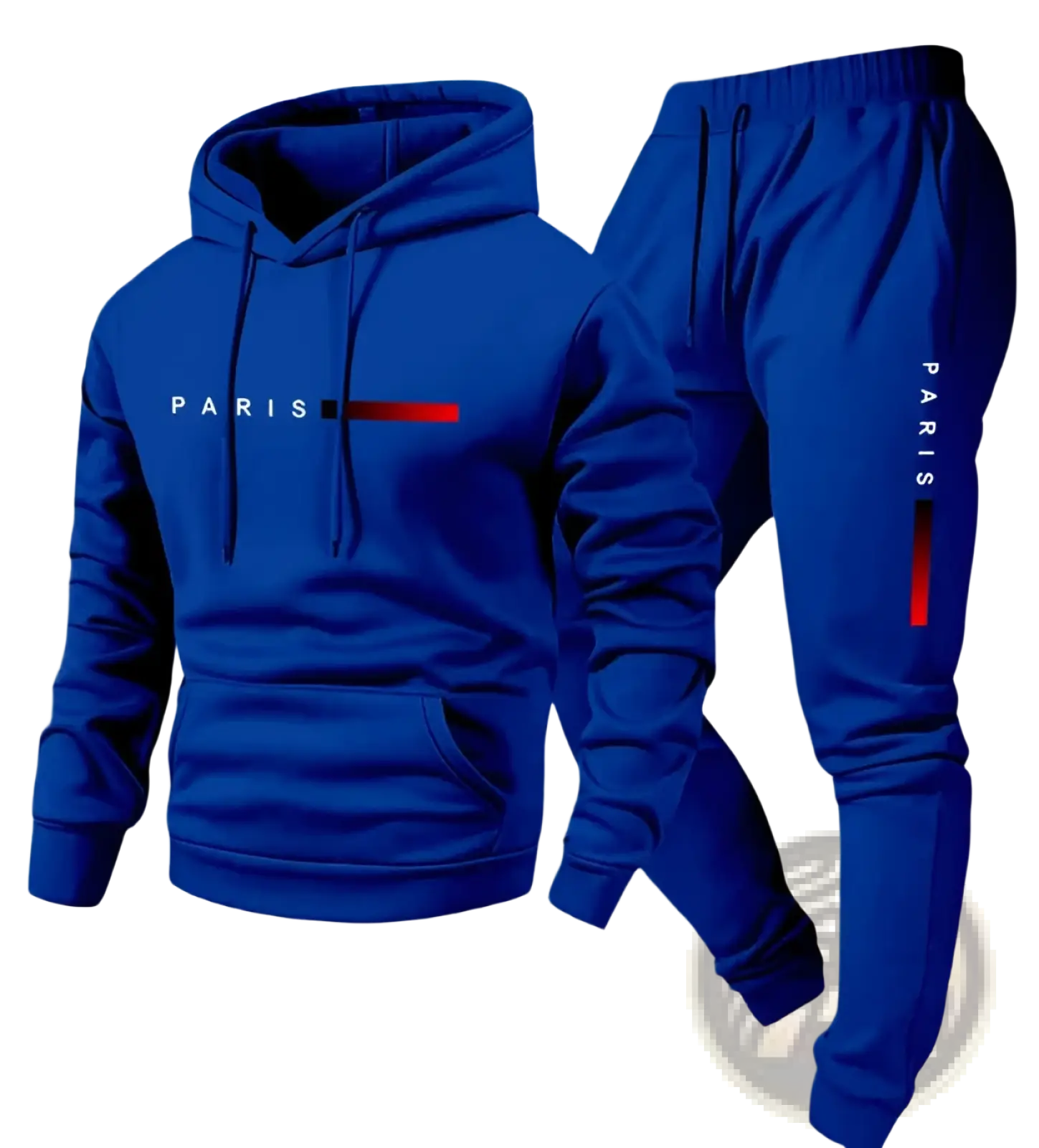 Royal blue future graphic fleece hoodie and jogger lounge set with white lettering and a red horizontal stripe paris theme