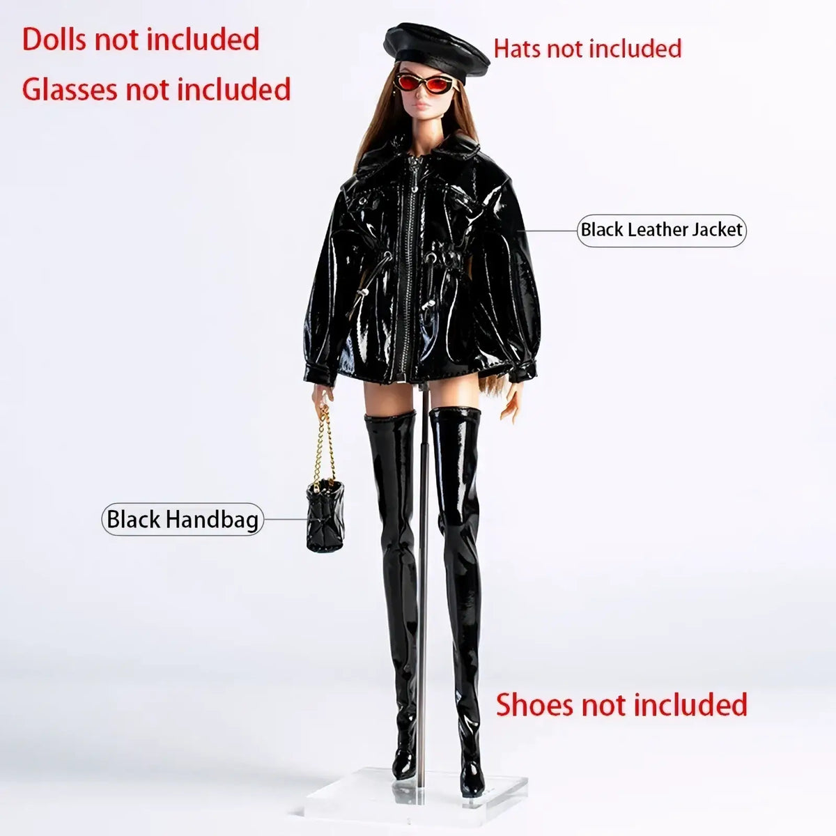Black glossy leather jacket with zipper front and adjustable straps for futuristic retro doll outfit 30cm 1/6 models