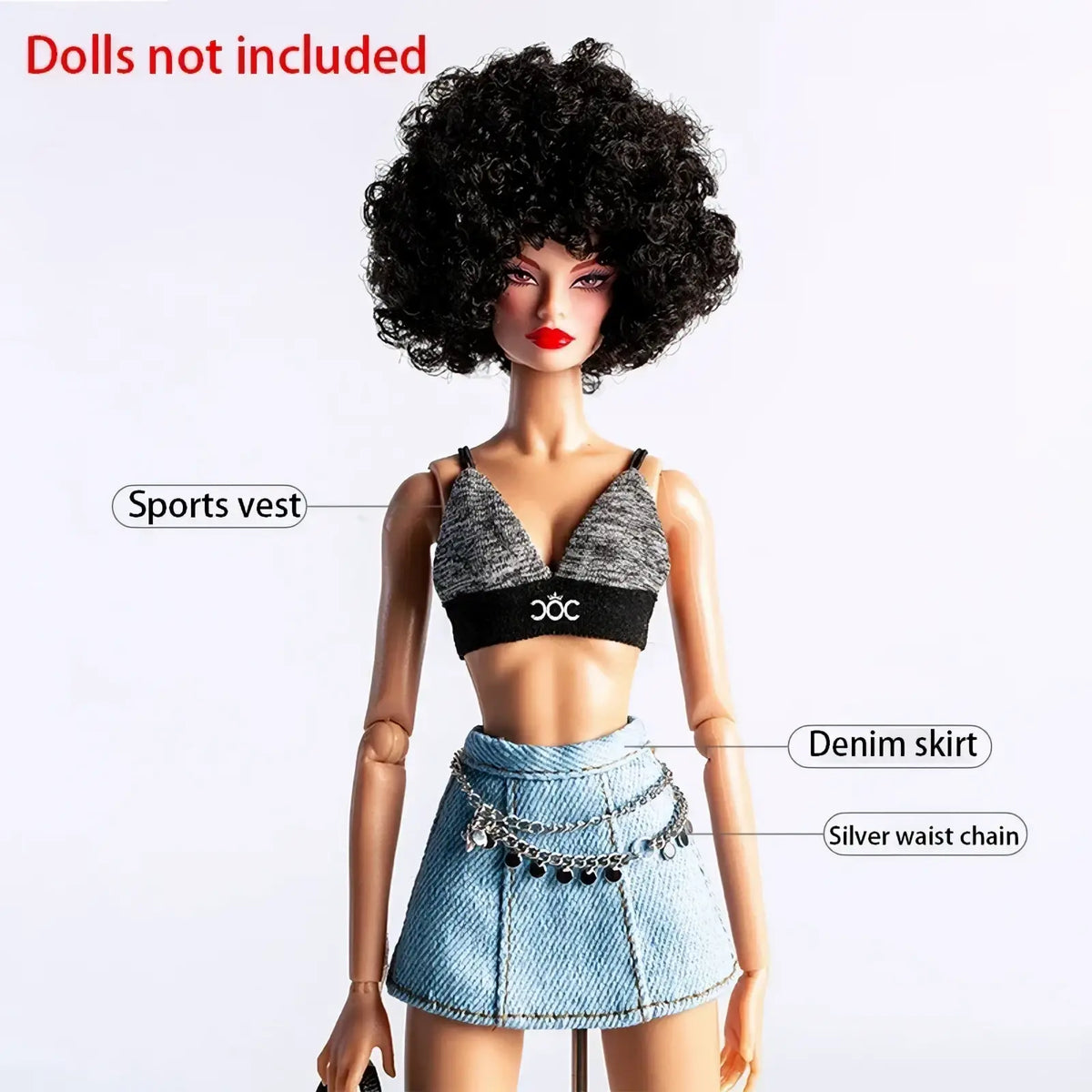 Black and gray heathered sports vest with black band and joc logo for futuristic retro doll outfit 30cm models