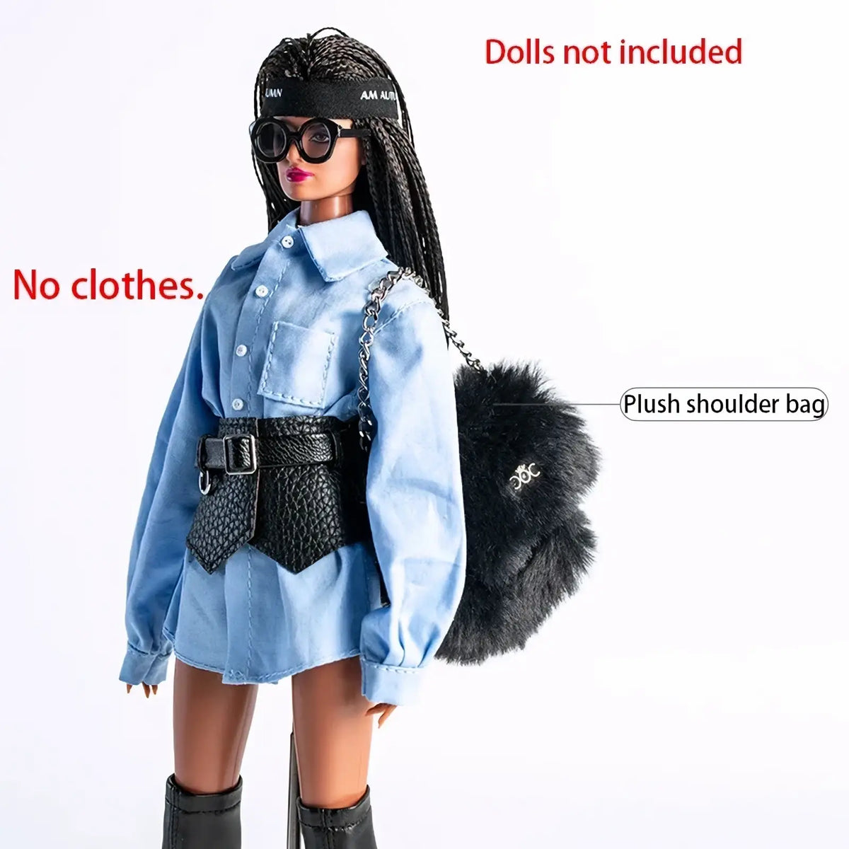 Black plush shoulder bag with chain strap and faux fur trim for futuristic retro doll outfit 30cm 1/6 models