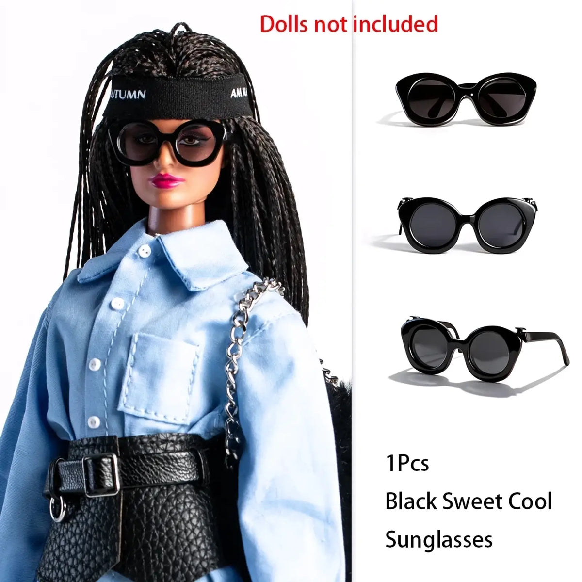 Black sweet cool sunglasses with dark lenses and sleek cat-eye frame for futuristic retro doll outfit 30cm models