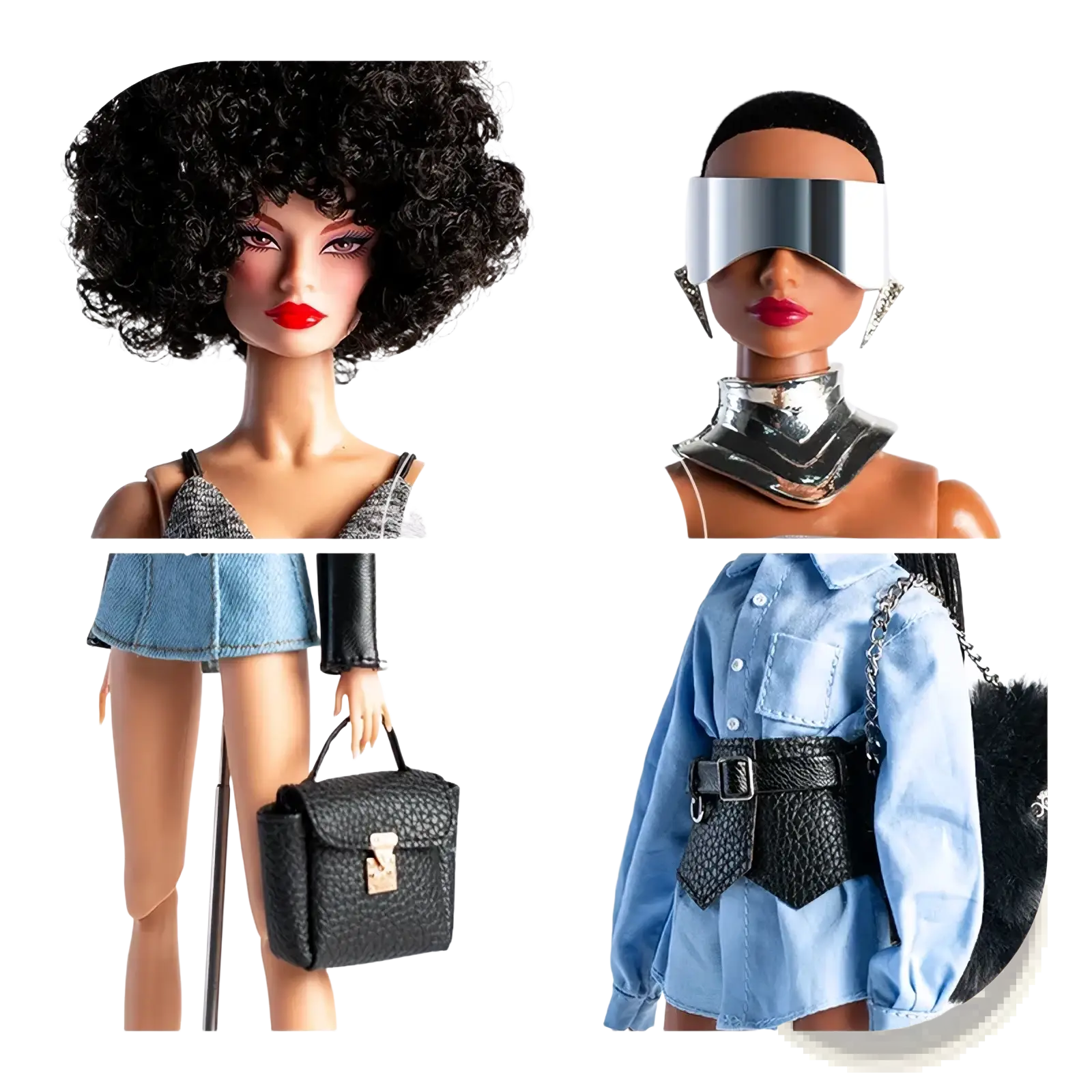 Black textured leather handbag with gold-tone clasp designed for futuristic retro doll outfits for 30cm models