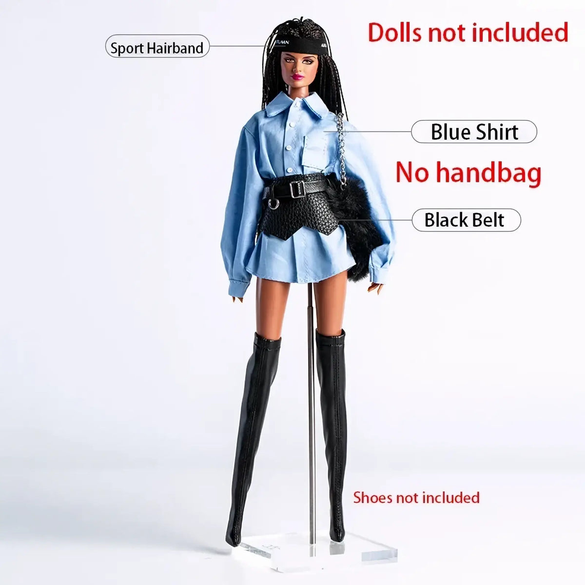 A fashion-forward barbie doll wearing a light blue shirt, black textured belt, and tall black boots in a futuristic retro outfit