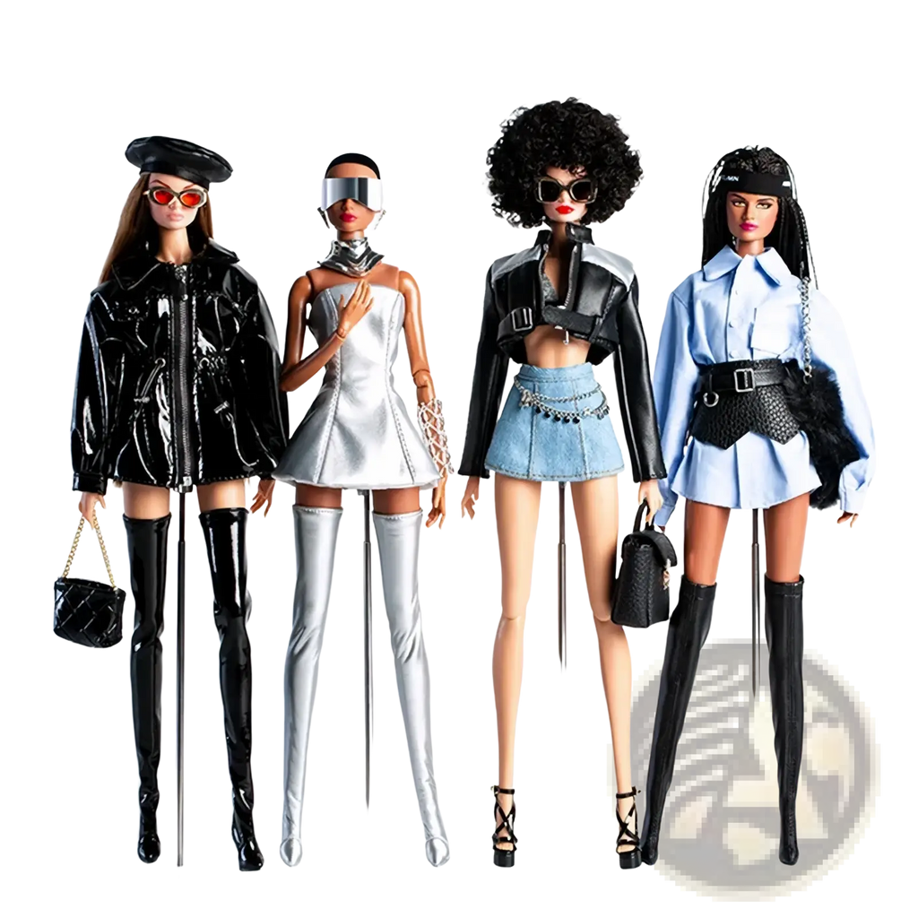 Four fashion-forward barbie dolls in futuristic retro doll outfits with sunglasses and handbags for 30cm 1/6 models