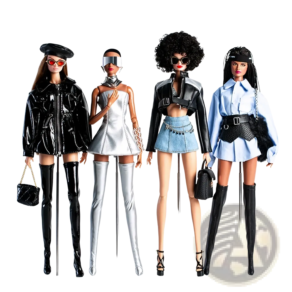 Four fashion-forward barbie dolls in futuristic retro doll outfits with sunglasses and handbags for 30cm 1/6 models