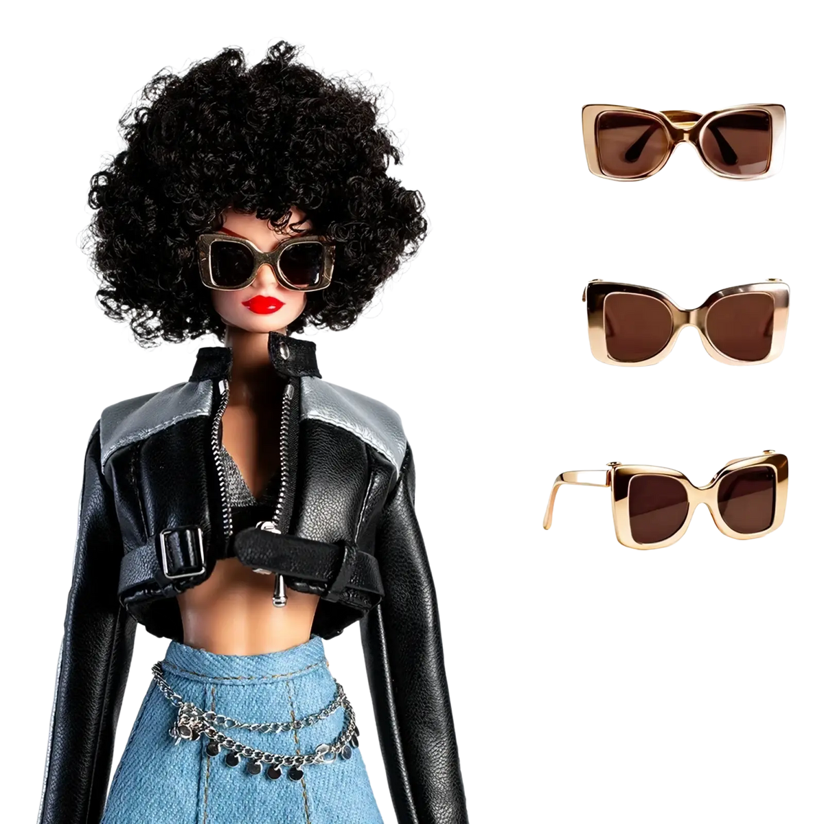 Gold-framed cat-eye sunglasses with brown lenses designed for futuristic retro doll outfit 30cm 1/6 models