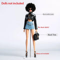 Black leather jacket with silver trim and front zipper worn over denim mini skirt in futuristic retro doll outfit for 30cm models