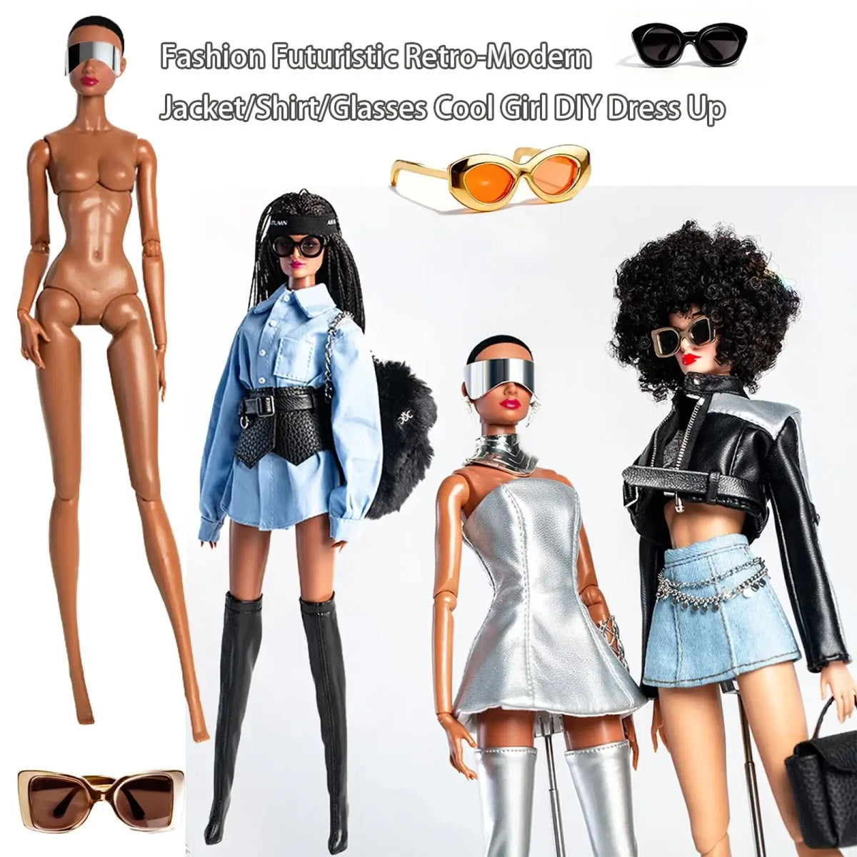 Futuristic retro doll outfit featuring a sleek tan body and metallic silver visor for 30cm 1/6 models