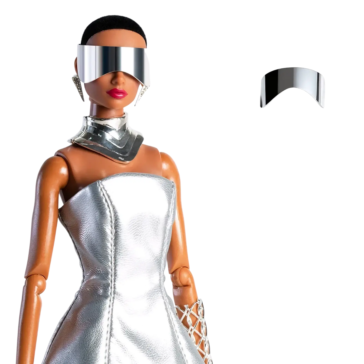 Silver futuristic glasses with sleek curved metallic design for futuristic retro doll outfit 30cm 1/6 models