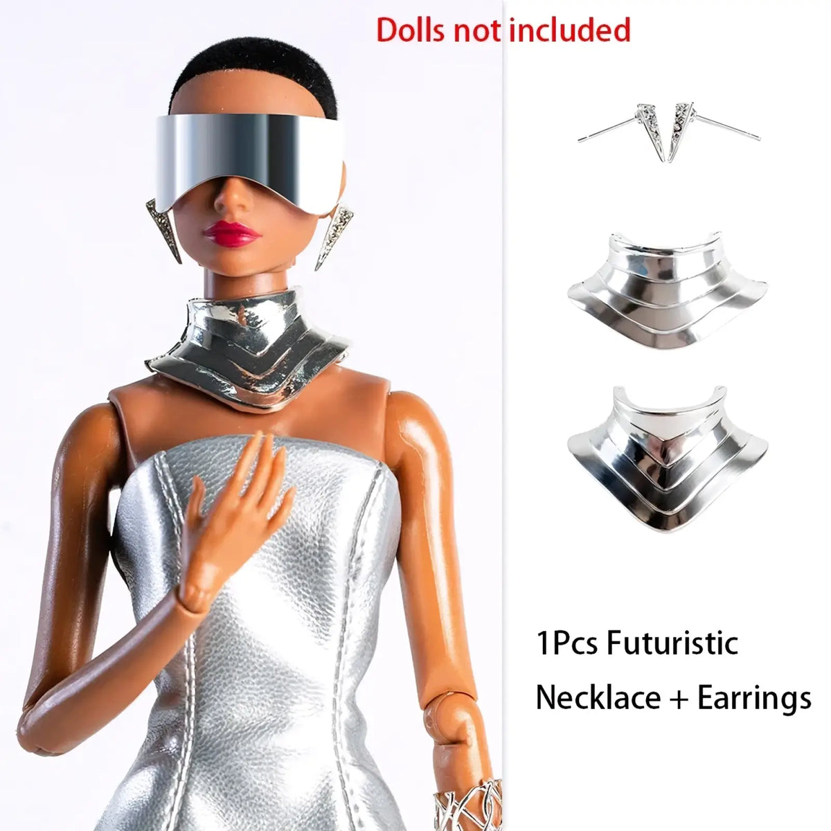 Futuristic silver metallic necklace and earrings set with layered angular design for 30cm 1/6 retro doll models