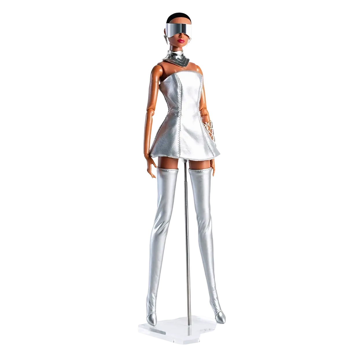 Silver one-shoulder dress with sleek metallic finish and subtle stitching details for futuristic retro doll outfit