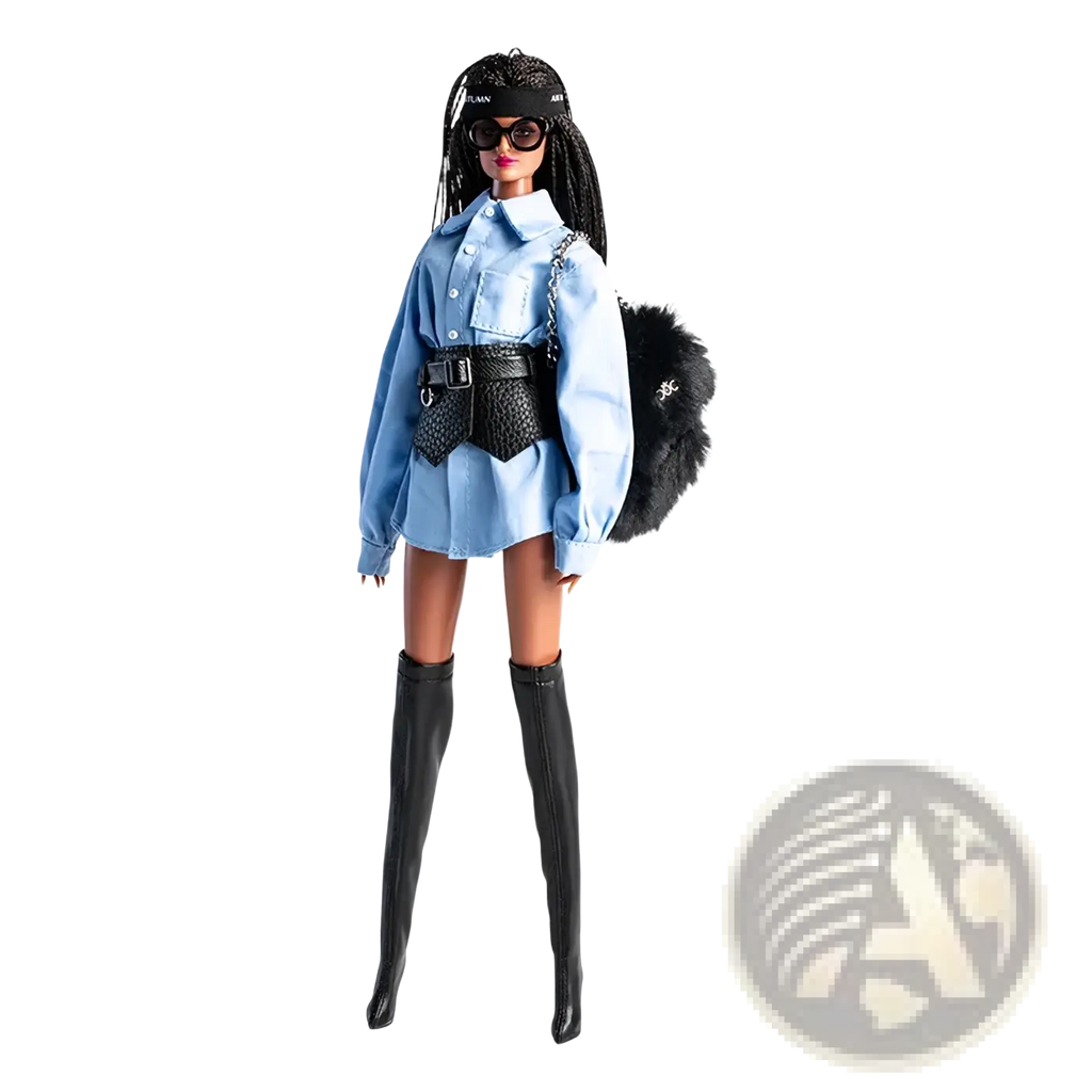A stylish barbie doll in a light blue denim shirt dress with black leather belt boots sunglasses and a furry backpack