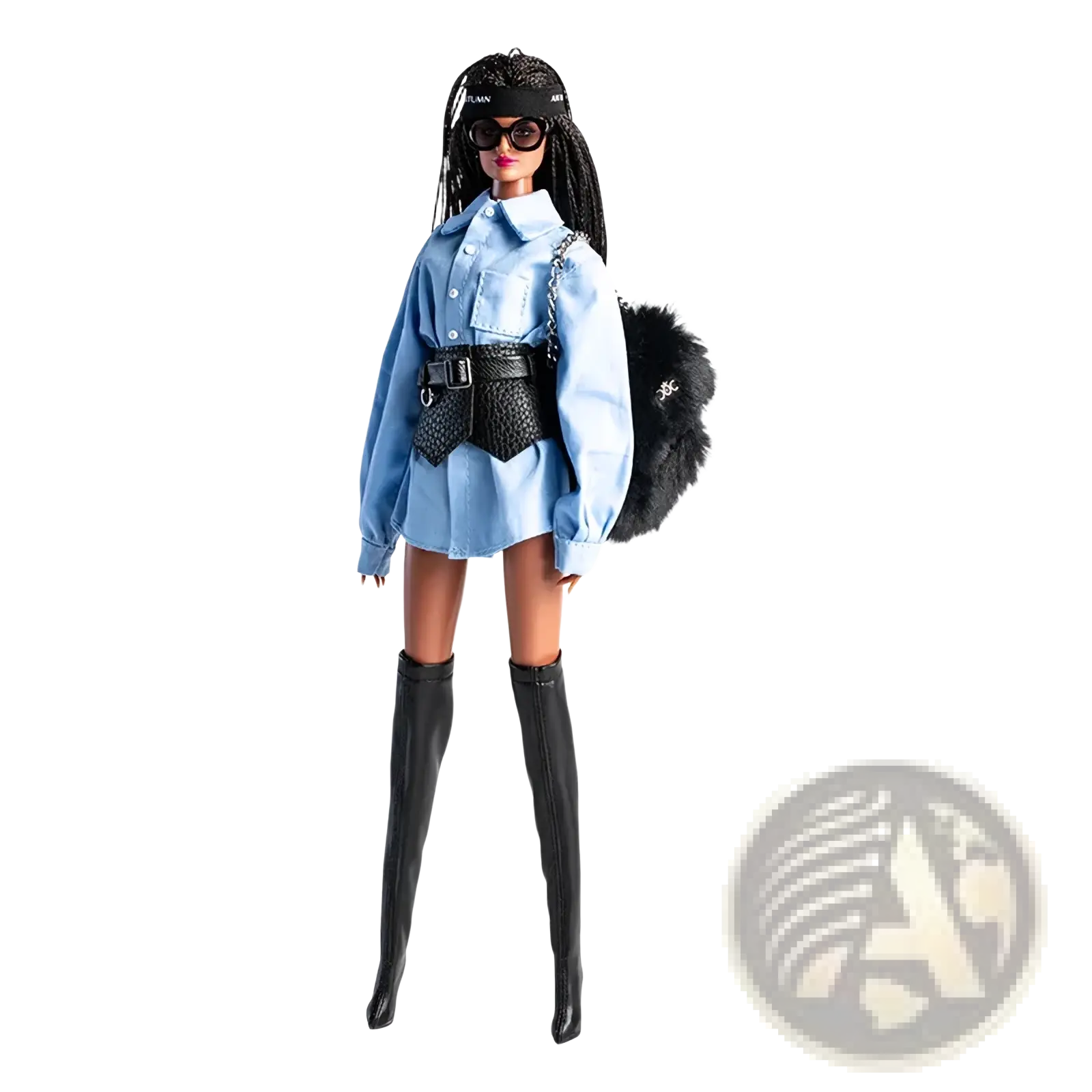 A stylish barbie doll in a light blue denim shirt dress with black leather belt boots sunglasses and a furry backpack