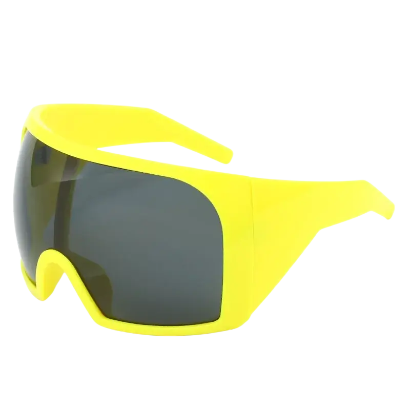 Futuristic shield sunglasses for men with bright yellow plastic frame and dark gray uv400 curved lenses black model