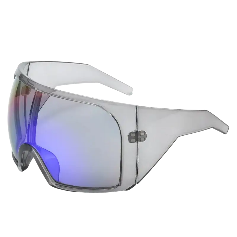 Futuristic shield sunglasses for men with clear plastic frame and reflective blue purple gradient UV400 lenses