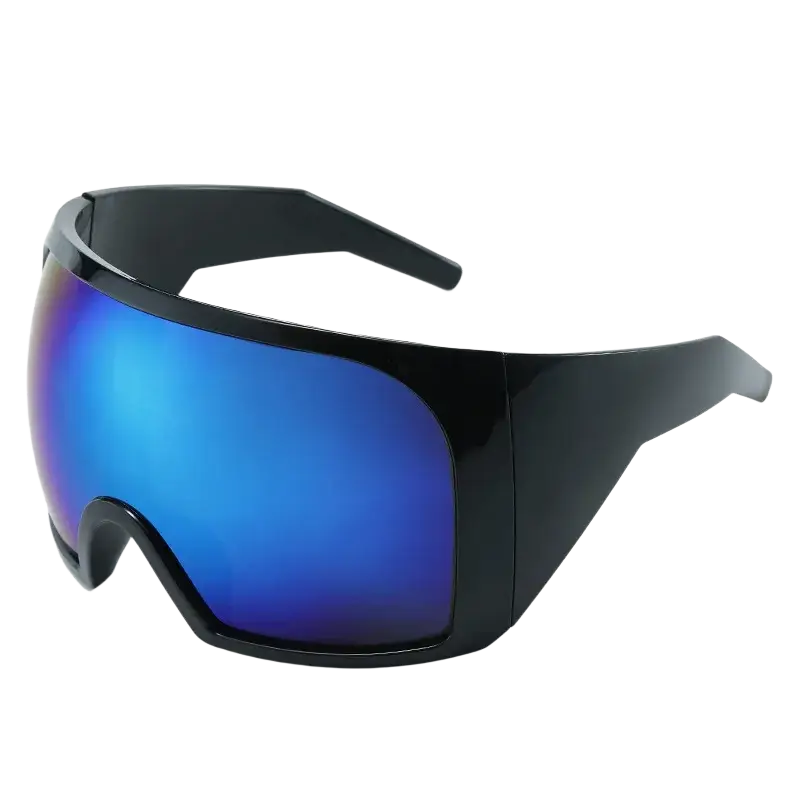 Futuristic shield sunglasses for men with black frames and wide reflective blue uv400 lenses