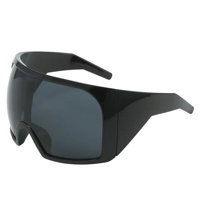 Futuristic shield sunglasses for men uv400 with black glossy plastic wide angular frame and dark gray lenses