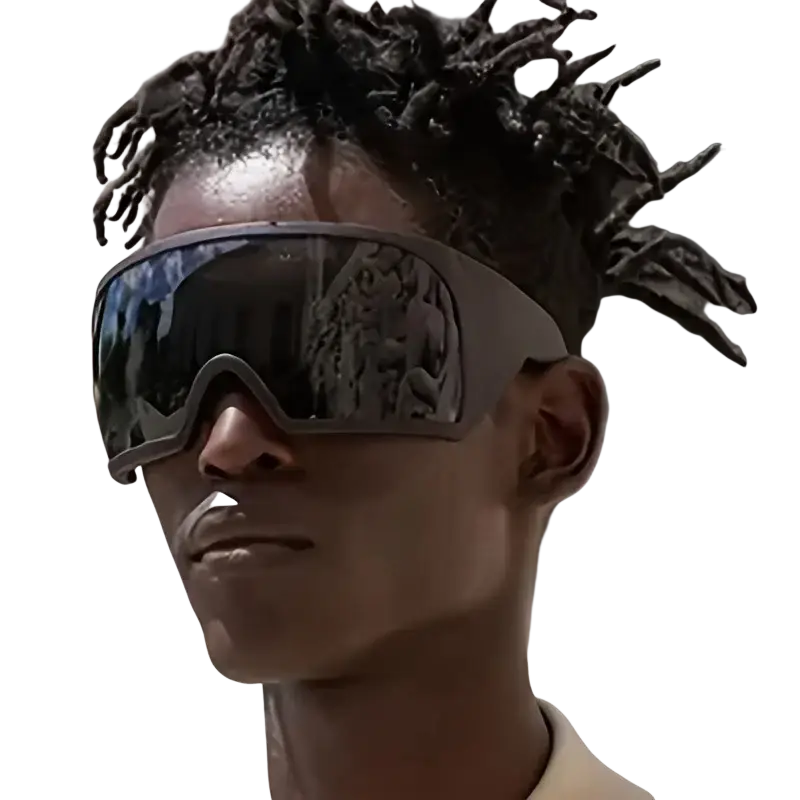 Gray-framed futuristic shield sunglasses for men with reflective dark-tinted uv400 lenses in black