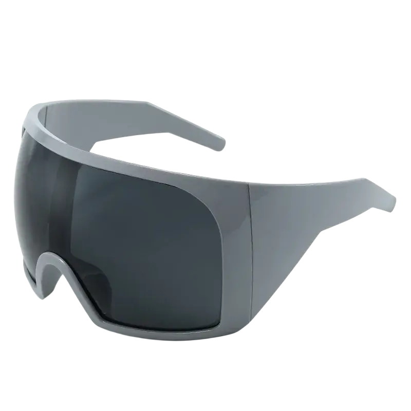 Futuristic shield sunglasses for men with gray plastic frame and dark tinted uv400 lenses in sleek modern design