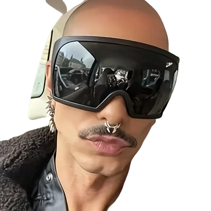 Black oversized ski style futuristic shield sunglasses for men with uv400 reflective lenses and sleek frame