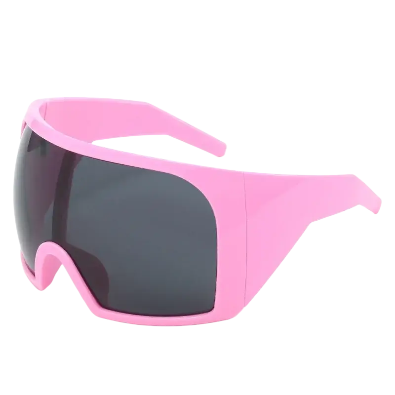 Pink plastic futuristic shield sunglasses for men with uv400 protection and dark gray lenses in a modern design