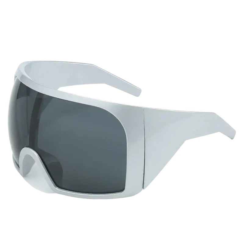 Futuristic shield sunglasses for men with silver frame dark gray wraparound uv400 lenses in a sleek modern design