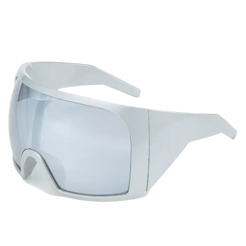 Silver mirrored futuristic shield sunglasses for men with uv400 protection and a wide angular black frame